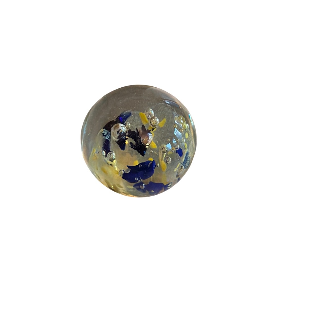 Paperweight‎ Blue Yellow Art Glass Controlled Bubble Round Orb Sphere